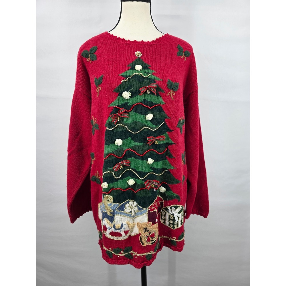 Heirloom Collectibles Red Christmas Tree Sweater Vintage Women 2X XXL Holiday
